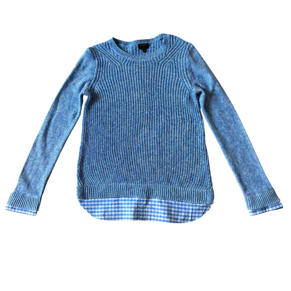 Talbots Blue Knit Sweater with Gingham Hem
